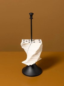 Sculptură decorativă din rășină și metal, alb și negru, piese de domino în spirală pe suport, finisaj mat, 30 x 13 cm, „Partie”