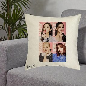 Perna Personalizata K-pop BLACKPINK Colaj 4 Portrete cu Semnature, 40x40 cm, Ecru, Husa Detasabila, Perna Inclusa, BEKZ®