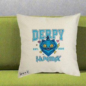 Perna Personalizata K-pop HUNTRX Derpy Pisica Albastra, 40x40 cm, Ecru, Husa Detasabila, Perna Inclusa, BEKZ®