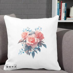 Perna Decorativa Trandafiri Roz cu Floricele Albastre, 40x40 cm, Alba Mata, Husa Detasabila, Perna Inclusa, BEKZ®