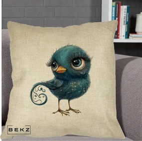 Perna Decorativa Pasare Teal cu Motive Aurii si Coada Spiralata, 40x40 cm, Crem, Husa Detasabila, Perna Inclusa, BEKZ®