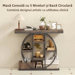 HOMCOM Masă consolă industrială cu rafturi și cadru circular din oțel, 100 x 30 x 81,5 cm, maro rustic | Aosom Romania