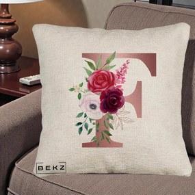 Cadou Personalizat - Perna Personalizata Monograma Rose Gold Litera F, 40x40 cm, Bej Canapea, Husa Detasabila, Perna Inclusa, BEKZ®