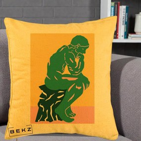 Perna Decorativa Ganditorul Sculptura Pop Art, 40x40 cm, Galben, Husa Detasabila, Perna Inclusa, BEKZ®