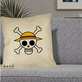 Perna Personalizata One Piece Jolly Roger Straw Hat Pirates, 40x40 cm, Crem, Husa Detasabila, Perna Inclusa, BEKZ®