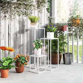 Outsunny Lot de 3 suporturi pentru plante pătrate din metal, empilabile interior și exterior, pentru grădină, balcon, casă, alb | Aosom Romania