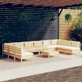 3097193 vidaXL Set mobilier grădină cu perne crem, 11 piese, lemn masiv de pin