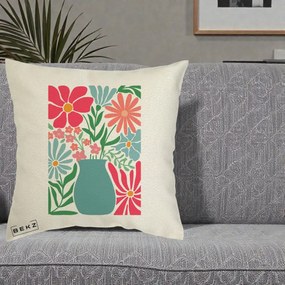 Perna Decorativa Flori in Vaza Turcoaz, 40x40 cm, Ecru, Husa Detasabila, Perna Inclusa, BEKZ®