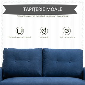 HOMCOM Canapea 2 Locuri Moderna in Stil Nordic cu Spatar Matlasat, din Poliester si Lemn, 145x76x88 cm, Albastru | Aosom Romania