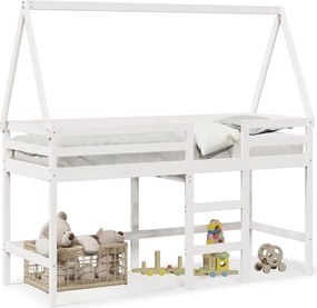 vidaXL Pat etajat cu scară și acoperiș, alb, 90x190 cm, lemn masiv pin