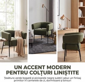 HOMCOM Fotoliu tapițat pentru living din țesătură cu aspect de in, șezut lat și adânc, spătar curbat, verde închis | Aosom Romania