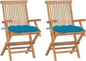 vidaXL Scaune de grădină cu perne, 2 buc., bleu, lemn masiv de tec