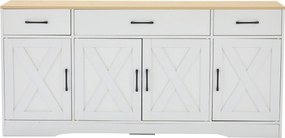 Bufet modern în design scandinav-industrial, cu 3 sertare și 4 uși, 160x37x75 cm, Alb