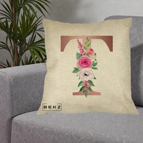 Cadou Personalizat - Perna Personalizata Monograma Rose Gold Litera T, 40x40 cm, Crem, Husa Detasabila, Perna Inclusa, BEKZ®