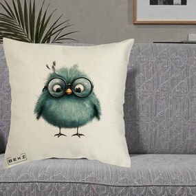 Perna Decorativa Pui Teal cu Ochelari Rotunzi, 40x40 cm, Ecru, Husa Detasabila, Perna Inclusa, BEKZ®
