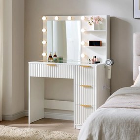 Masuta machiaj 92 cm, Alba sau Maro cu Oglinda LED si 4 Sertare pentru Cosmetice, Set Masa toaleta cu 2 Prize, USB si USB-C, masuta cosmetica, vanity