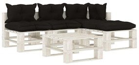 Set mobilier de gradina din paleti cu perne negre, 5 piese, lemn Alb si negru, 1