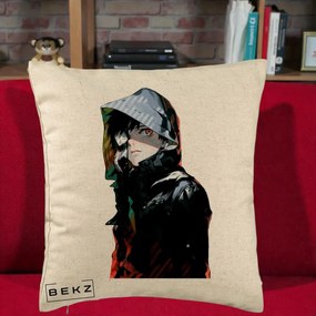 Perna Personalizata Tokyo Ghoul Ken Kaneki cu Masca si Gluga, 40x40 cm, Bej, Husa Detasabila, Perna Inclusa, BEKZ®