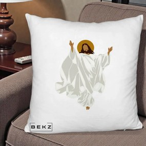 Perna Decorativa Iisus Hristos Invierea Silueta Minimalista, 40x40 cm, Alb Pufos, Husa Detasabila, Perna Inclusa, BEKZ®