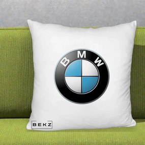 Perna Personalizata cu emblema BMW, 40x40 cm, Alb Pufos, Husa Detasabila, Perna Inclusa, BEKZ®