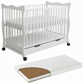 Patut din lemn masiv cu sertar, capac si roti 120x60 cm Kidizi Isla alb si saltea cocos LUX 120x60x9 cm,reglabil pe 3 nivele, certificat EN71