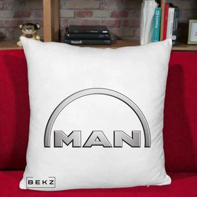 Perna Personalizata cu emblema MAN, 40x40 cm, Alb Pufos, Husa Detasabila, Perna Inclusa, BEKZ®