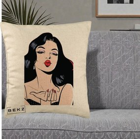 Perna Decorativa Femeie Pop-Art Kiss, 40x40 cm, Bej, Husa Detasabila, Perna Inclusa, BEKZ®