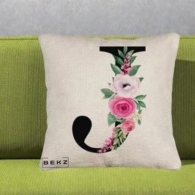 Cadou Personalizat - Perna Personalizata Monograma Florala Litera J, 40x40 cm, Bej Canapea, Husa Detasabila, Perna Inclusa, BEKZ®