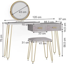 SEA393 - Set Masa toaleta, 120 cm, cosmetica machiaj, oglinda cu LED, masuta vanity, scaun tapitat - Alb-Auriu-Gri