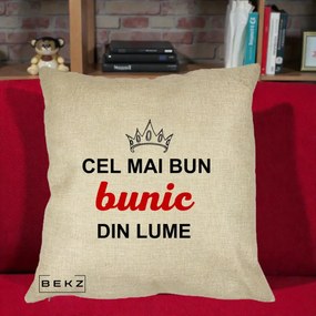 Cadou pentru Bunic - Perna Personalizata Cel Mai Bun Bunic Din Lume Coroana Rosu, 40x40 cm, Crem, Husa Detasabila, Perna Inclusa, BEKZ®