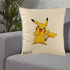 Perna Personalizata Pikachu Fericit, 40x40 cm, Bej, Husa Detasabila, Perna Inclusa, BEKZ®