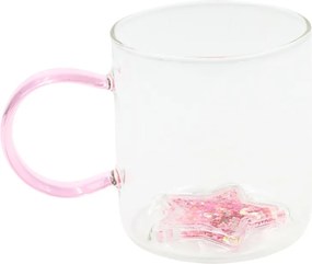 Cană cu model 3D steluță roz, pereți dubli, sticlă borosilicată și inserție de sclipici, 300 ml, Aurora Glow