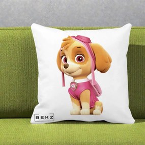Perna Personalizata Skye PAW Patrol Roz, 40x40 cm, Alba Mata, Husa Detasabila, Perna Inclusa, BEKZ®
