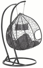 RESIGILAT- Fotoliu leagan dublu, suspendat, cu perne moi, rezistente la UV, împletitură tip răchită, structură metalică, pentru interior și exterior, Gri