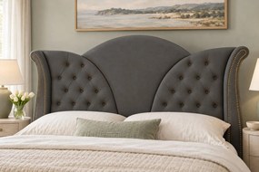Pat tapițat Chesterfield din catifea Velora 140×200 cm, gri închis, cu ladă de depozitare