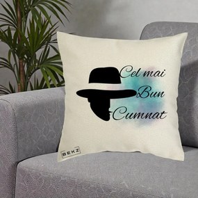 Cadou pentru Cumnat - Perna Personalizata Cel mai Bun Cumnat cu Silueta Palarie si Pete Teal-Roz, 40x40 cm, Ecru, Husa Detasabila, Perna Inclusa, BEKZ®