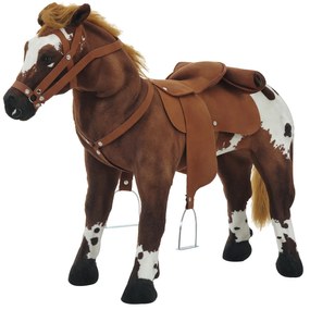 HOMCOM Cal de Pluș în Picior Efecte Sonore Nechezat și Galop Șa calapod frâu 85L x 28l x 60H Maro Alb | Aosom Romania