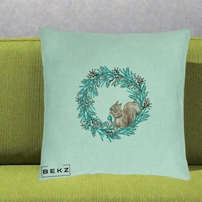 Perna Decorativa Coroana Turcoaz cu Veverita, 40x40 cm, Verde Menta, Husa Detasabila, Perna Inclusa, BEKZ®