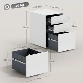 Vinsetto Fiset Metalic cu 3 Sertare și Sistem de Blocare, Mobilier de Birou pe Roti, 39x48x59cm, Design Compact, Alb | Aosom Romania