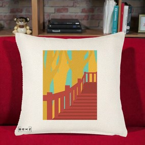 Perna Decorativa Scari Toamna Peisaj Grafic, 40x40 cm, Crem Reliefat, Husa Detasabila, Perna Inclusa, BEKZ®