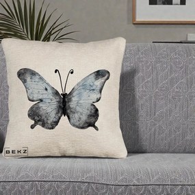 Perna Decorativa Fluture Acuarela Albastru-Gri, 40x40 cm, Bej Canapea, Husa Detasabila, Perna Inclusa, BEKZ®