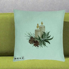 Perna Decorativa Lumanari cu Ilex si Conuri Ilustratie, 40x40 cm, Verde Menta, Husa Detasabila, Perna Inclusa, BEKZ®