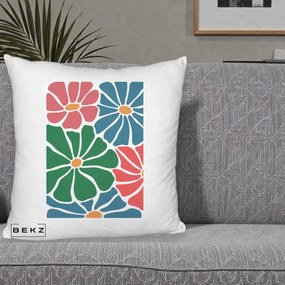 Perna Decorativa Flori Grafice Verde-Roz-Albastru, 40x40 cm, Alb Pufos, Husa Detasabila, Perna Inclusa, BEKZ®