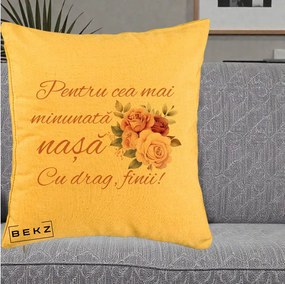 Cadou pentru Nasa - Perna Personalizata Pentru Cea mai Minunata Nasa Cu drag Finii, 40x40 cm, Galben, Husa Detasabila, Perna Inclusa, BEKZ®