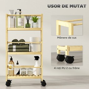 HOMCOM Cărucior de Baie cu 3 Niveluri cu Lamele și Roți 36x15x73 cm Culoare Lemn | Aosom Romania