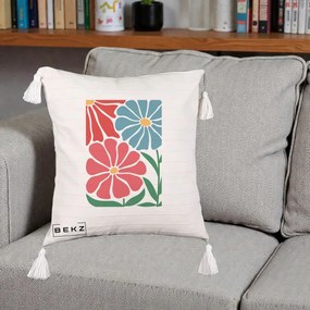 Perna Decorativa Flori Grafice Rosu-Albastru, 40x40 cm, Bej cu Franjuri, Husa Detasabila, Perna Inclusa, BEKZ®