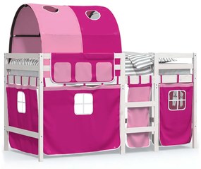 3283849 vidaXL Pat etajat de copii cu tunel, roz, 90x200 cm, lemn masiv pin