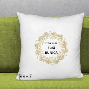 Cadou pentru Bunica - Perna Personalizata Cea Mai Buna Bunica Coronita Frunze Acuarela, 40x40 cm, Alb Pufos, Husa Detasabila, Perna Inclusa, BEKZ®