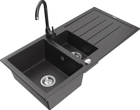 Mexen Andres chiuvetă de granit cu 1,5 cuve, cu scurgător și baterie de bucătărie Telma, negru cu pete - 6515-76-670200-76