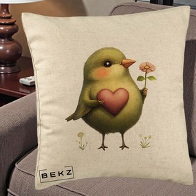 Perna Decorativa Pasare Verde cu Inima si Floare, 40x40 cm, Bej, Husa Detasabila, Perna Inclusa, BEKZ®